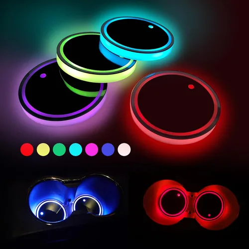 4 portavasos LED para automóvil, portavasos impermeables con alfombrilla de carga USB de 7 colores cambiantes, lámpara LED de atmósfera interior