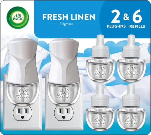 Air Wick Kit de inicio de aceite perfumado enchufable, 2 calentadores + 6 repuestos, lino fresco, el mismo olor familiar de ropa fresca, ecológico,