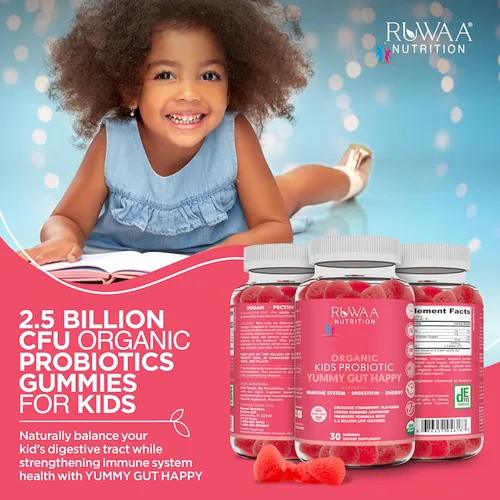Miniatura 2 de RUWAA NUTRITION Gomitas probióticas orgánicas para niños para la salud digestiva, apoyo inmunológico, estreñimiento, hinchazón. 2.5 mil millones