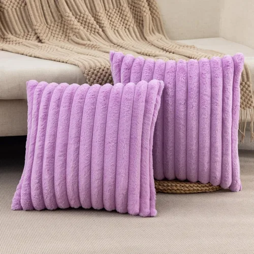 Miniatura 19 de ZLINA Juego de 2 fundas de almohada decorativas de piel sintética color albaricoque, fundas de cojín esponjosas a rayas, 16 x 16 pulgadas