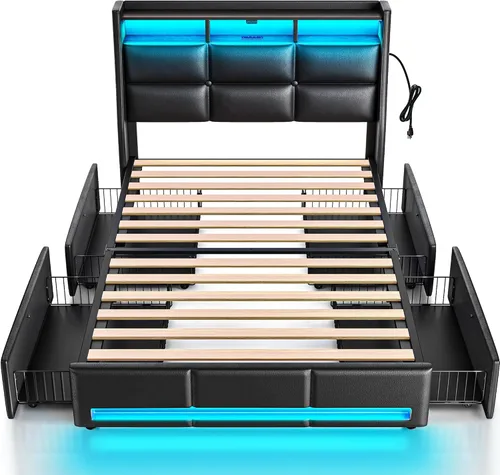 Rolanstar Marco de cama tamaño twin con luces LED y estación de carga, cabecera de almacenamiento de cuero PU y cajones, listones de madera Negro