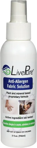 Miniatura 2 de LivePure Spray de tela antialérgeno de 3 onzas para superficies domésticas. Spray antialérgeno a base de plantas para ácaros del polvo y caspa