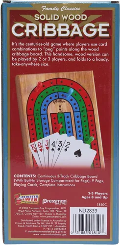 Miniatura 4 de Family Classics Cribbage – Tablero continuo de madera maciza de 3 vías con compartimento de almacenamiento integrado para clavijas