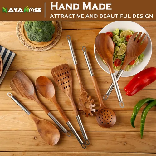 Miniatura 4 de Cucharas de madera para cocinar, 10 piezas con mango inoxidable, juego de utensilios de madera de acacia natural con soporte y soporte para cuchara