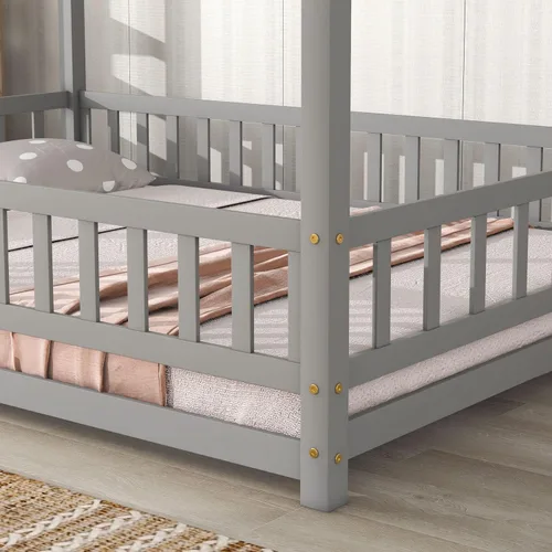 Miniatura 5 de LLS Cama de piso completo para niños, marco de cama de madera con techo y barandillas de valla seguras, cama Montessori para niñas y niños, gris