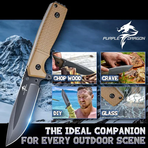 Miniatura 2 de Purple Dragon Cuchillo de hoja fija con funda Kydex Cuchillos caqui para acampar, regalos para hombres