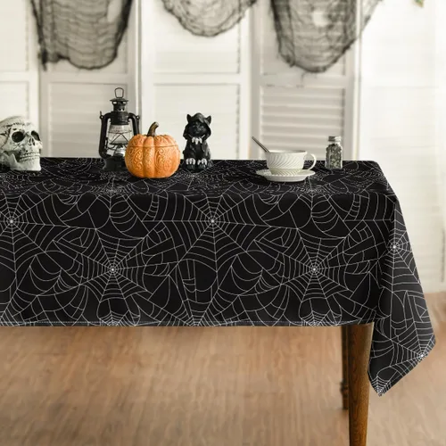 Horaldaily Mantel rectangular de Halloween de 52 x 70 pulgadas, tela de telaraña, color negro, lavable, para decoración de fiestas, pícnic, cenas