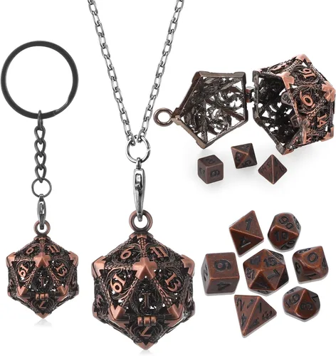 Miniatura 8 de Syhood Juego de dados pequeños, 7 piezas de dados pequeños de metal hueco D20, estuche para collar, llavero, juegos de mesa para juegos de rol