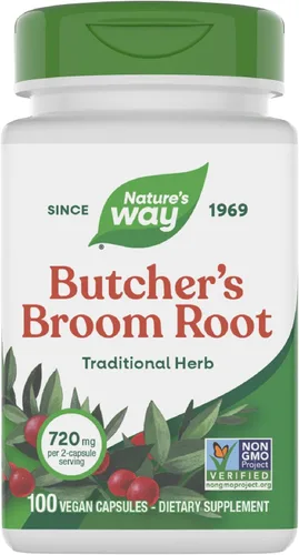 Nature's Way Escoba de carnicero, hierba tradicional, 720 mg por porción de 2 cápsulas, proyecto verificado sin OMG, 100 cápsulas veganas (el