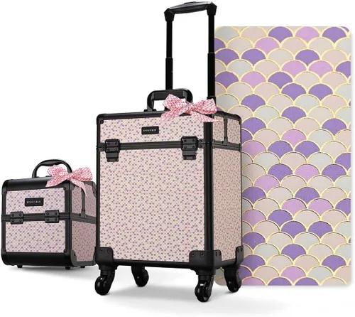 Miniatura 31 de BYOOTIQUE estuche rodante para maquillaje 4 en 1, con cerradura, maletín tipo trolley para cosméticos, con 4 ruedas extraíbles, organizador de viaje