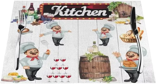 Miniatura 40 de Juego de 4 manteles individuales con estampado de cocina de chef, restaurante, cocina, acuarela, manteles individuales de tela lavable para mesa