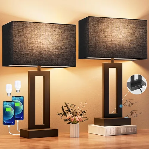 Miniatura 8 de Juego de 2 lámparas de mesa de noche para dormitorio, lámpara de noche táctil con USB C+A, lámparas de sala de estar regulables de 3 vías para mesas