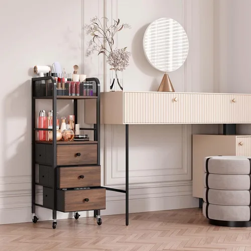 Miniatura 9 de HapiRm Organizador de Carrito de Maquillaje Rodante - Almacenamiento de Maquillaje y Cuidado de la Piel de Piso con 3 Cajones de Tela No Tejida