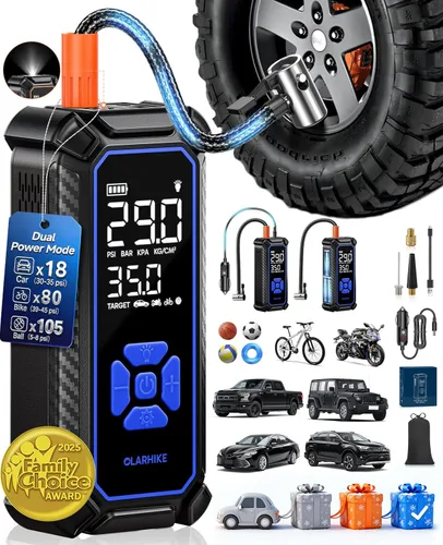 Miniatura 22 de OlarHike Compresor de aire portátil para inflado de neumáticos, inflado rápido, doble potencia, 6000 mAh y 12 V CC, bomba de aire inalámbrica
