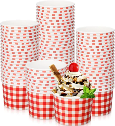 Miniatura 9 de Sieral Paquete de 50 tazas de papel de helado de guingán de 9 onzas, cuencos desechables de picnic, postre de búfalo a cuadros, cuenco de papel a