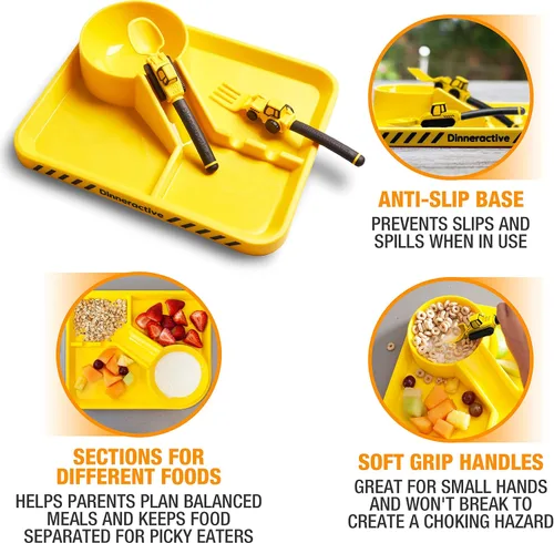 Miniatura 3 de Dinneractive Juego de comedor para niños – 3 piezas con temática de construcción y platos para niños pequeños – Tenedores y cucharas para niños