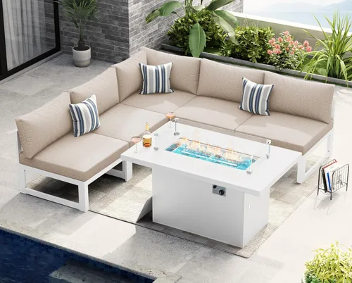 NICESOUL® Juego de 6 piezas de muebles modernos de aluminio extra grandes para patio con mesa para fogata de propano/gas natural, sofás de