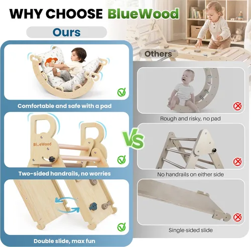 Miniatura 7 de BlueWood Pikler - Juego de triángulos con cojín, juguetes de escalada para niños pequeños 9 en 1, juego de filosofía Montessori, gimnasio
