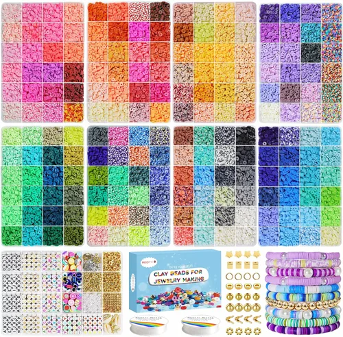 Miniatura 11 de Redtwo Juego de 23000 cuentas de arcilla para hacer pulseras, 144 colores, 7 cajas de cuentas Heishi de polímero plano para hacer joyas de amistad