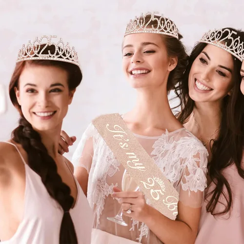 Miniatura 6 de Decoraciones de cumpleaños de 25 años para niñas; banda, corona/tiara, velas y adorno para pastel de cumpleaños de 25 años; regalos y decoraciones
