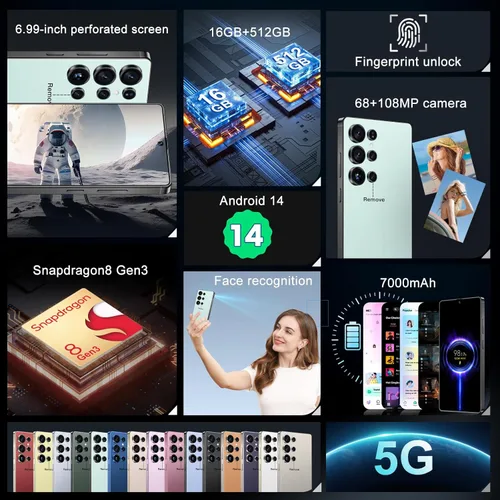 Miniatura 7 de MMY I25 Ultra 5G Teléfono Inteligente Desbloqueado, 16GB+512GB Teléfono Celular Completo para Android 14, 6.99" Teléfono Celular Desbloqueado, Cian