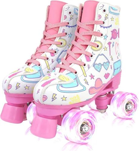 YYW Patines de ruedas para niñas y mujeres, bonitos patines de piel sintética blanca iluminados para niños, jóvenes, niñas, para interiores y
