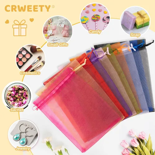Miniatura 5 de Crweety 50 Piezas Bolsas de Organza Doradas de 3 x 4 Pulgadas, Pequeñas Bolsas de Regalo de Malla con Cordón para Favores de Boda, Despedida