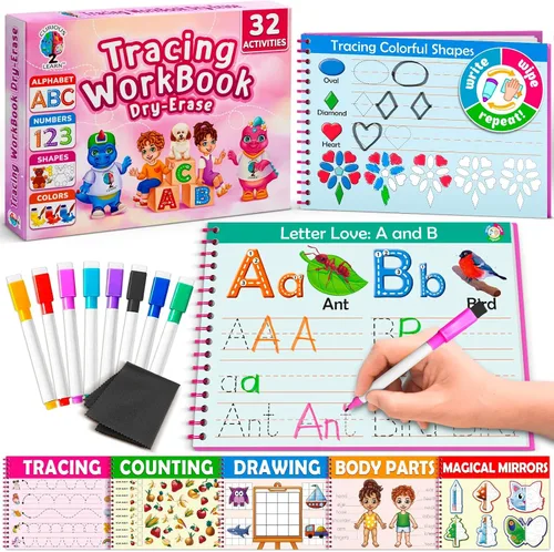 Curious 2 Learn Libro de actividades de tapa dura para preescolar para niños de 3 a 5 años – 32 actividades de aprendizaje Montessori con 9 Rosa