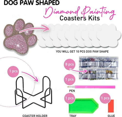 Miniatura 2 de 10 piezas de posavasos de pintura de diamante Posavasos de arte de diamante Pintura de arte de diamante de pata de perro Regalo de arte y Pata
