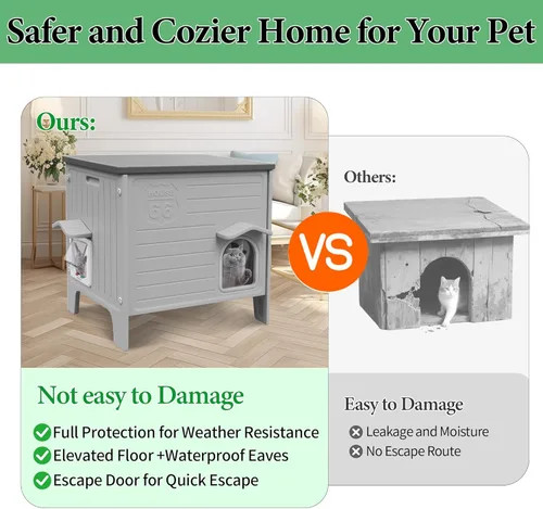 Miniatura 2 de Deblue Casa para Gatos de Exterior Resistente a la Intemperie Grande de Plástico Casas para Gatos con Puerta de Escape Interior Impermeable Refugio