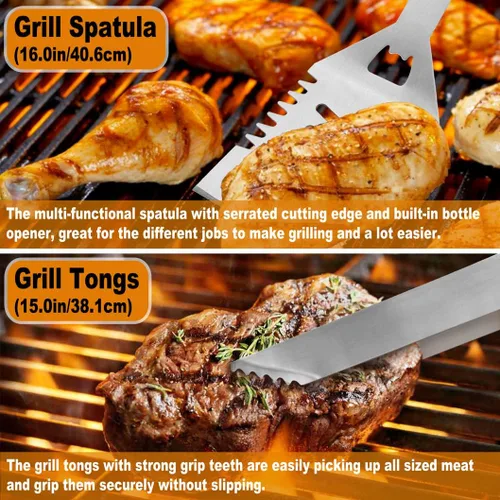 Miniatura 5 de POLIGO 28 accesorios para asar en bolsa con inyector de carne, garras de barbacoa, esteras, termómetro para ahumador, juego de utensilios de Negro