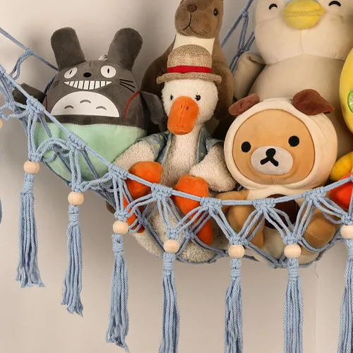 Miniatura 4 de Hamaca de almacenamiento para juguetes de animales de peluche con luz LED - Organizador de habitación jumbo de macramé para muñecas, decoración