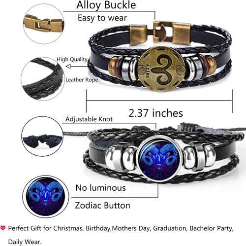 Miniatura 4 de Pulsera de cuero trenzado a mano con 12 cuentas de constelación para hombre, estilo retro, 2