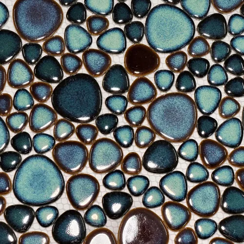 Miniatura 9 de Hominter Azulejo entrelazado de guijarros de porcelana azul turquesa azul aguamarina montado en malla de 12 x 12 pulgadas, azulejos de cerámica