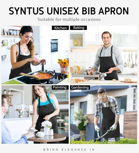 Miniatura 7 de Syntus Paquete de 12 delantales con peto, delantales unisex, ajustables, 100% algodón con 2 bolsillos, delantales de cocina para mujeres y hombres