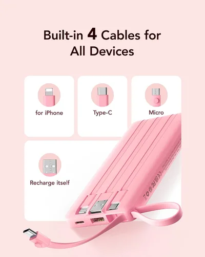 Miniatura 3 de VRURC Cargador de teléfono portátil, cargador portátil de viaje con 4 cables, 5 salidas 2 entradas banco de energía USB C delgado, cables integrados