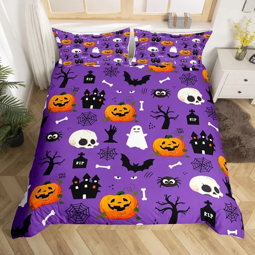 Miniatura 38 de Erosebridal Juego de ropa de cama de murciélago de Halloween, tamaño individual, con purpurina y estrellas, galaxia, funda de edredón para niños