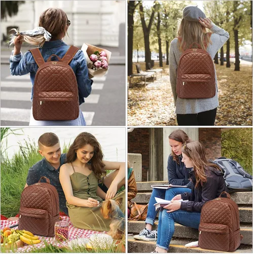Miniatura 6 de LOVEVOOK Mochila pequeña acolchada para mujer, mochila de cuero, impermeable, para viajes de trabajo, Marrón, Compacto