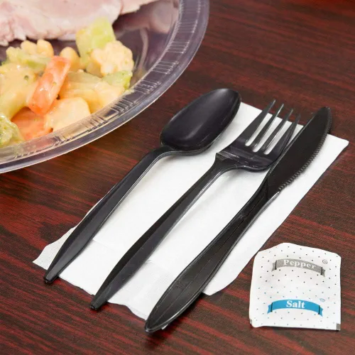 Miniatura 3 de 250 paquetes de cubiertos de plástico - Juego de cuchillo, tenedor, cuchara, servilleta, sal y pimienta Juegos de cubiertos plateados negros