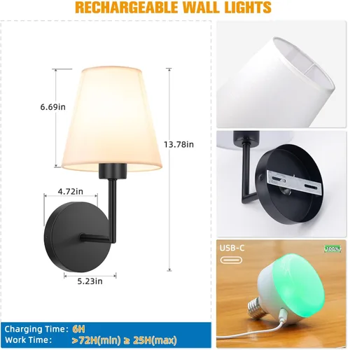 Miniatura 7 de NIORSUN Juego de 2 apliques de pared con pilas de 13.8 pulgadas, luces de pared recargables negras con bombillas desmontables regulables de 10400