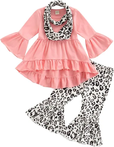 Madjtlqy Conjunto de camiseta con estampado de cabeza de vaca de manga larga y corta para niñas pequeñas y pantalones acampanados
