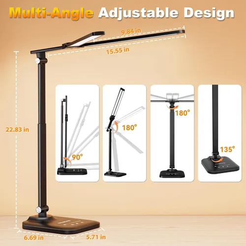 Miniatura 5 de CHARYJOD - Lámpara LED de escritorio para oficina en casa, luz de escritorio de arquitecto de altura ajustable con adaptador USB, lámpara de Negro