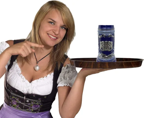 Miniatura 5 de OktoberfestHaus - Taza de cerveza con escudo de armas del Bayern alemán, escudo de armas con emblema de metal sobre jarra de cerámica azul cobalto