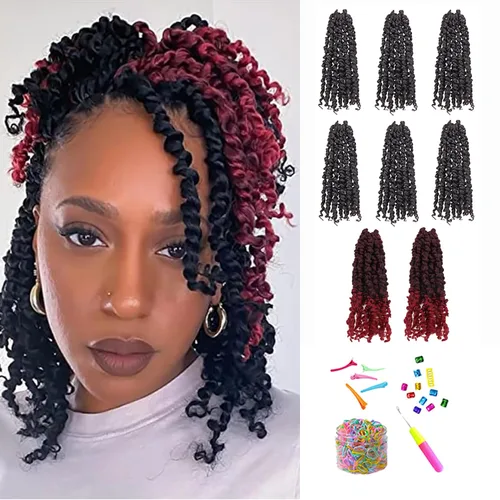 Miniatura 18 de Cabello de Ganchillo Pre-Retorcido Passion Twist para Mujeres Negras y Niños, Cabello Passion Twist Pre-Enrollado Trenzas Bohemias 4 Pulgadas 8