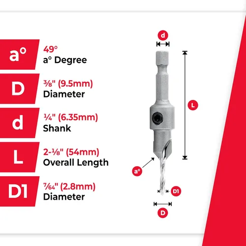 Miniatura 4 de Amana Tool - 55264 - Broca con punta de carburo para avellanado de 82°, Diámetro de 3/8 x 49 Grados x 1/4 de liberación rápida