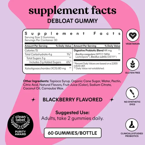 Miniatura 6 de Lemme Debloat - Gomitas de salud digestiva e intestinal con 2 probióticos clínicamente estudiados y prebiótico, vegetarianas, sin gluten, sin OGM