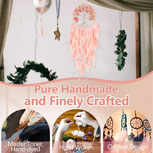 Miniatura 4 de Atrapasueños grandes del árbol de la vida, plumas de gallo rosa con ágata roja, atrapasueños de chakras hecho a mano para dormitorio, un
