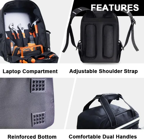 Miniatura 5 de Mochila de herramientas para hombres de 18 pulgadas resistente al agua de servicio pesado con múltiples bolsillos, organizador de bolsa de Negro
