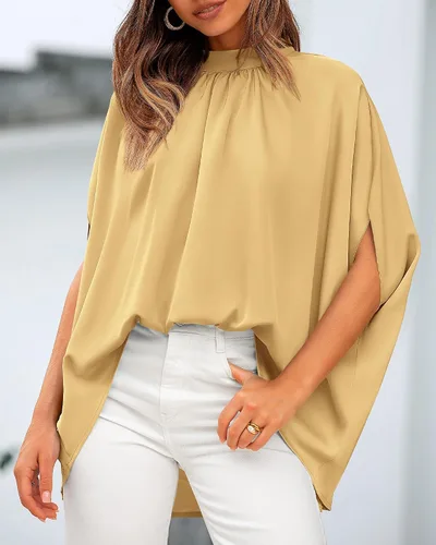 Miniatura 107 de BTFBM Blusas de verano para mujer, cuello alto falso, manga murciélago, holgadas, dobladillo alto y bajo, blusas informales de gran