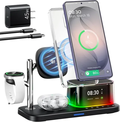 Meifigno Estación de carga 5 en 1 de 25 W para Galaxy S26 Ultra con altavoz Bluetooth, reloj despertador, luz nocturna, cargador inalámbrico
